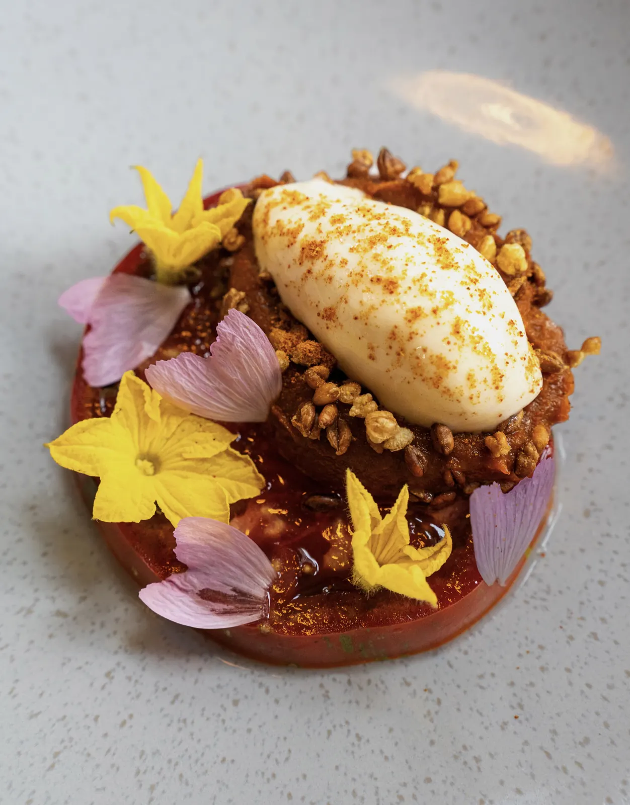 A dessert with flowers from the farm